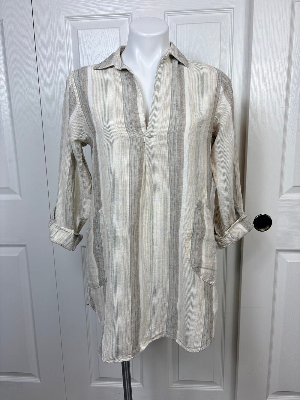 Forcynthia Beachwear Linen Blend Striped Tunic Dress Swim Cover Up Beige Size S